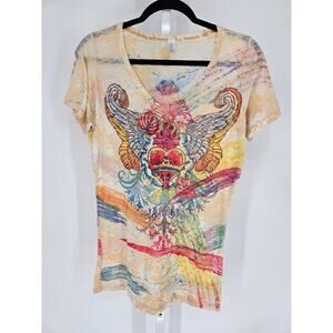 Y2K American Twist Women's Multicolor Short Sleeve Graphic V-neck Top Size L